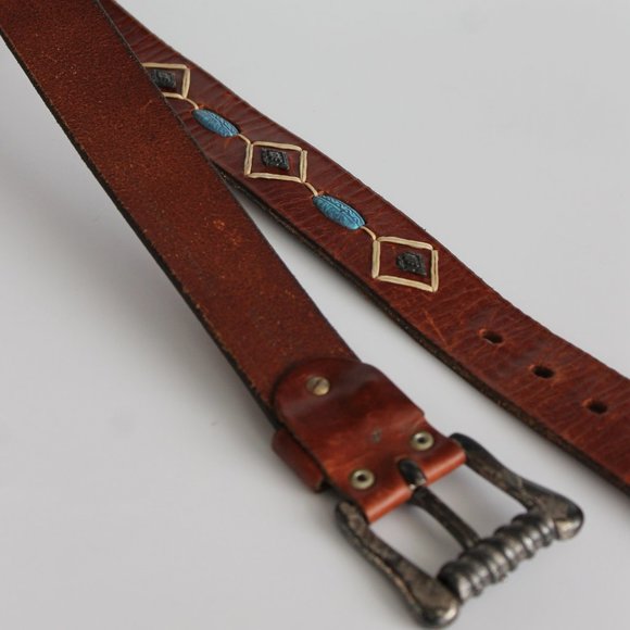 SOLD / 1990s Vintage Turquoise Stone Italian Leather Belt ~ 34" - Picture 4 of 7